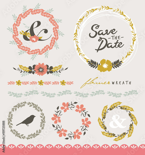 Download "Set of flower wreath and flourish elements" Stock image ...