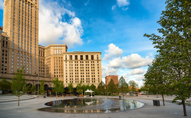 Fototapeta na wymiar The splash pond in Cleveland Ohio's recently renovated Public Square