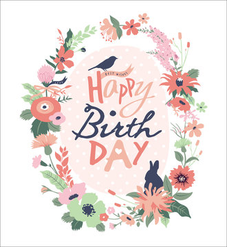 Happy Birthday. Greeting card with beautiful floral wreath.