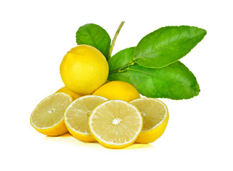 Lemons with leaves on a white background