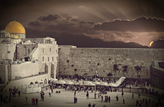Biblical motif in old city of Jerusalem, Israel. Composite image treated with B&W filter