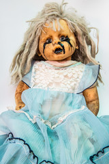 Close up of scary baby doll of halloween