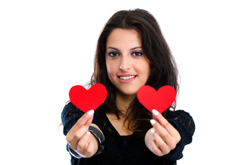 Young woman with red hearts