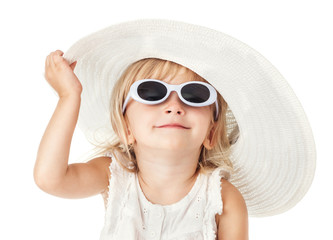 Fototapeta premium Caucasian little sweet girl 2 years old in white hat
