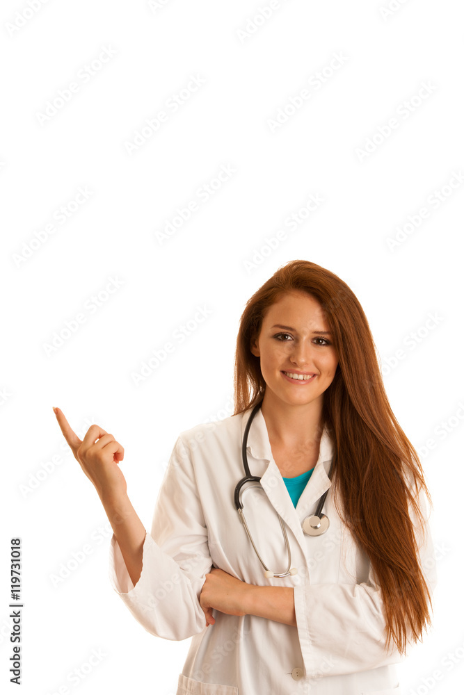 Wall mural health care and medicine - young woman doctor isolated over whit