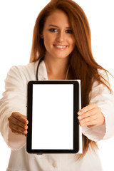 Fototapeta premium health care and medicine - young woman doctor isolated over whit