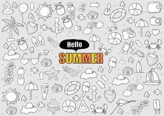 Hello Summer beach hand drawn vector symbols and objects, drawin