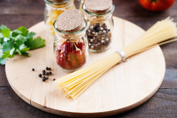 Jars with spices and pasta 