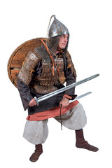 Ancient Russian combatant in armor. Isolated on white
