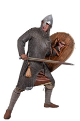Norman Knight 2nd half of the 11th century is on the attack. Isolated on white
