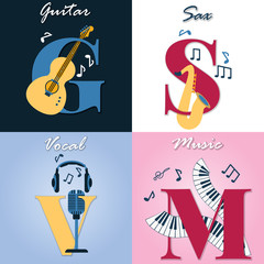 Vector concepts and logo design,   set of templates  with musical instruments for design, colorful illustrations