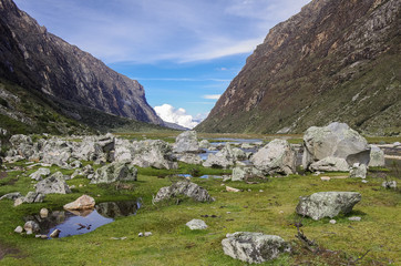 Fototapeta na wymiar Mountain valley and river. Huascaran National Park, Cordillera Blanca - Santa Cruz Circuit Trekking. Peru