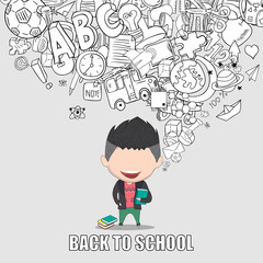 Graduated boy pupils back of school background, drawing by hand