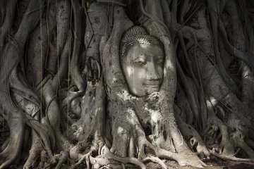 Rolgordijnen buddha head buried in tree roots ayutthaya © okonato