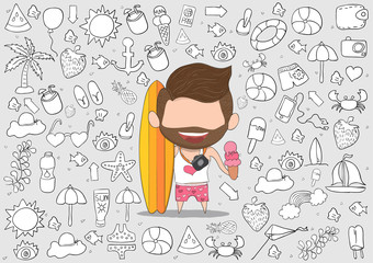 Vector illustration of a happy face man with beard summer symbol