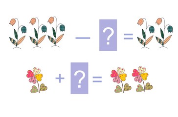 Educational game for children. Examples with cute colorful  flowers. Cartoon illustration of mathematical addition and subtraction. Vector image.
