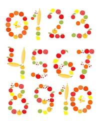 Set of figures and numbers. Illustration for children. Apples, bananas, lemons, oranges and cherries.