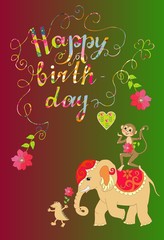 Colorful cute Happy birthday card with cheerful elephant, crocodile and monkey.