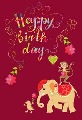 Colorful cute Happy birthday card with cheerful elephant, crocodile and monkey.