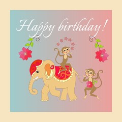 Colorful cute Happy birthday card with cheerful elephant and monkeys.