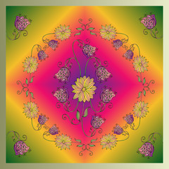 Lovely tablecloth. Bandana print or silk neck scarf. Floral kerchief square pattern. Hand drawn flowers.