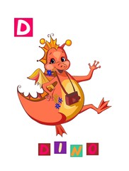 Cute cartoon english alphabet with colorful image and word. Kids vector ABC on white background. Letter D.