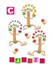 Cute cartoon english alphabet with colorful image and word. Kids vector ABC on white background. Letter G.