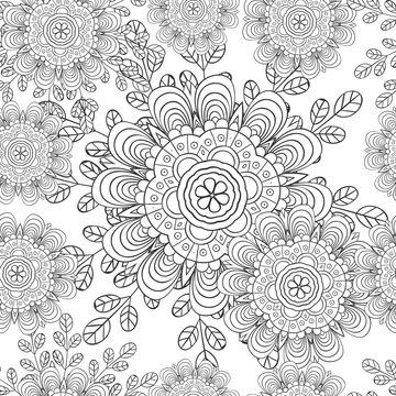 Vector flower pattern. Black and white seamless botanic texture, detailed flowers illustrations.  Doodle style, spring floral background.
