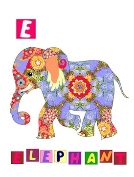 Cute cartoon english alphabet with colorful image and word. Kids vector ABC on white background. Letter E.