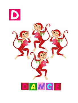 Cute cartoon english alphabet with colorful image and word. Kids vector ABC on white background. Letter D.