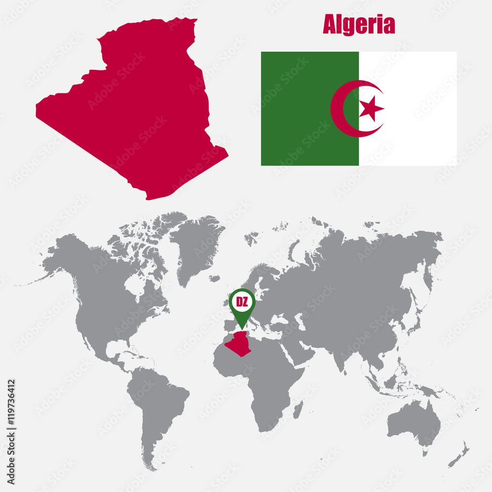Poster Algeria map on a world map with flag and map pointer. Vector illustration