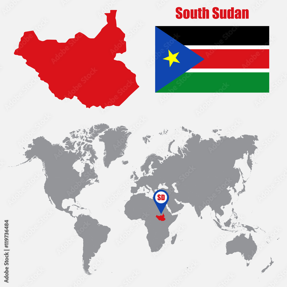 Poster south sudan map on a world map with flag and map pointer. vector illustration