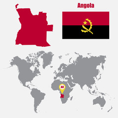 Angola map on a world map with flag and map pointer. Vector illustration