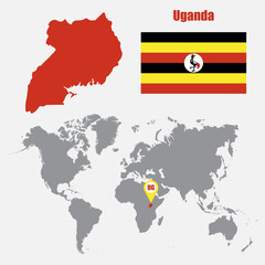 Uganda map on a world map with flag and map pointer. Vector illustration