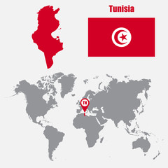 Tunisia map on a world map with flag and map pointer. Vector illustration