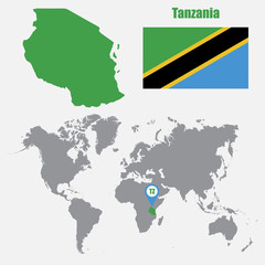 Tanzania map on a world map with flag and map pointer. Vector illustration