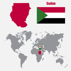 Sudan map on a world map with flag and map pointer. Vector illustration