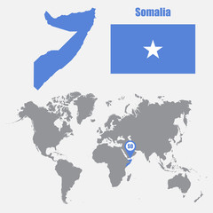 Somalia map on a world map with flag and map pointer. Vector illustration