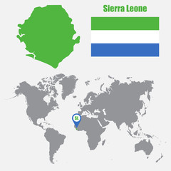 Sierra Leone map on a world map with flag and map pointer. Vector illustration