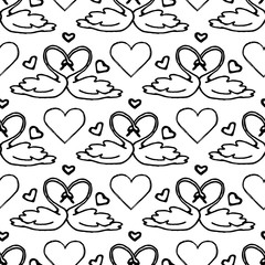 Couple of swans, symbol of bride and groom. Heart seamless pattern. Design element for wedding greeting card, valentines day invitation, honeymoon postcard. Vintage style, hand drawn pen and ink