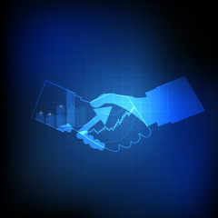 Vector : Business graphs on hand shaking on blue background