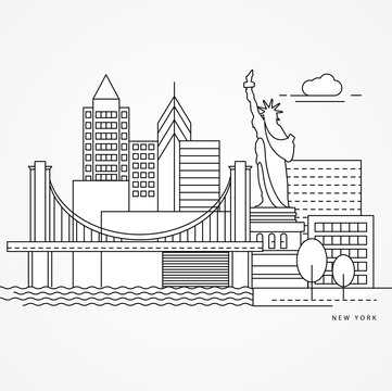 Linear illustration of New York, US Flat one line style. Greatest landmark - Statue of Liberty