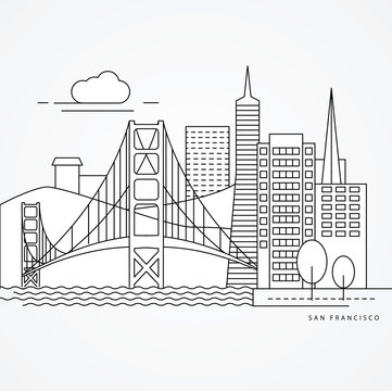 Linear illustration of San Francisco, USA. Flat one line style. Greatest landmark - Golden Gate bridge.