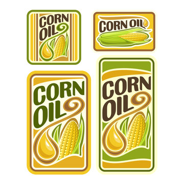 Vector logo Corn Oil, set labels for cooking corn oil consisting of yellow oily drop, ripe corncob with green leaves. Vertical and horizontal banners, posters with viscous droplet and cob with grain.