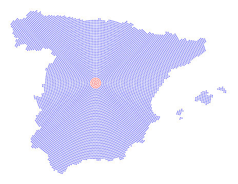 Spain map radial dot pattern. Blue dots going from the red dotted capital Madrid outwards and form the country silhouette with the islands Ibiza, Mallorca and Menorca. Illustration on white background