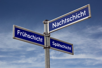 Strassenschild Wegweiser Frühschicht Spätschicht Nachtschicht