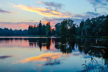 Sunset over the lake at the Gatchina Palace Park