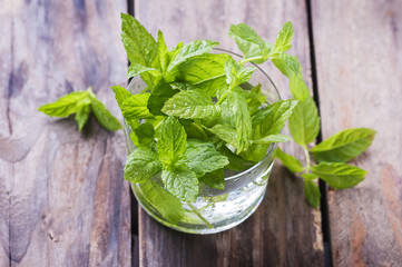 Green fresh mint on the wooden table