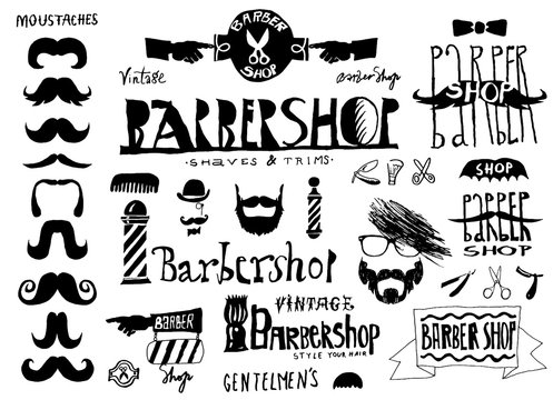 Set of vintage Barbershop (hair salon) logo, labels, badges, street signs and design element. Hand drawn collection vector
