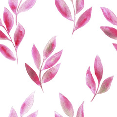watercolor pattern of pink leaves on white
